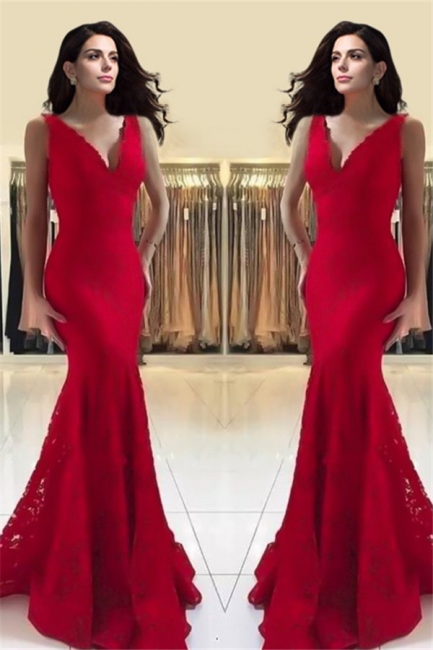 Glamorous Red Spaghetti Strap Prom Dresses | Lace Sleeveless Sexy Mermaid Evening Dresses
