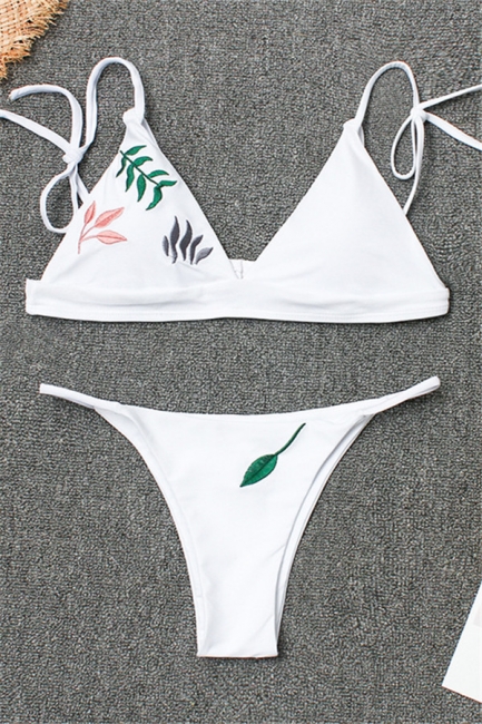 White Triangle Pads Embroidered Leaves Bikini Sets