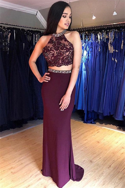 Glamorous Two Piece Halter Lace Appliques Prom Dresses | Sexy Mermaid Sleeveless Evening Dresses with Beads