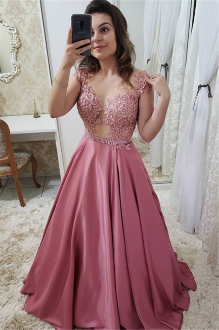 Romactic Pink Off-the-Shoulder Applique Prom Dresses Sleeveless Sexy Evening Dresses with Crystal