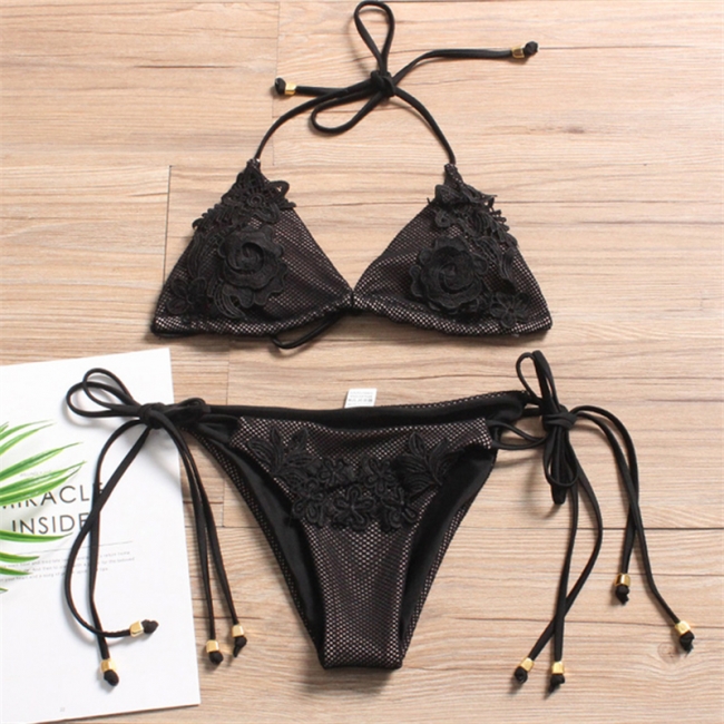 Black Flower Appliques Two-piece Triangle Bikini Set