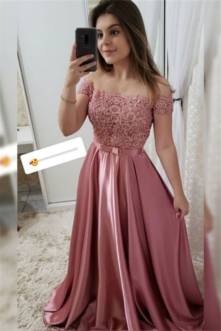 Applique Off-the-Shoulder Prom Dresses Beads Sleeveless Sexy Evening Dresses with Bow-knot Belt