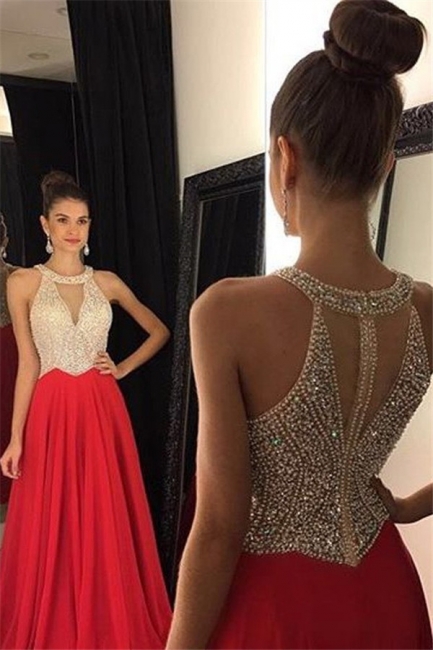 Red Sequins Crystal Halter Prom Dresses sleeveless Halter Sexy Evening Dressessses with Beads