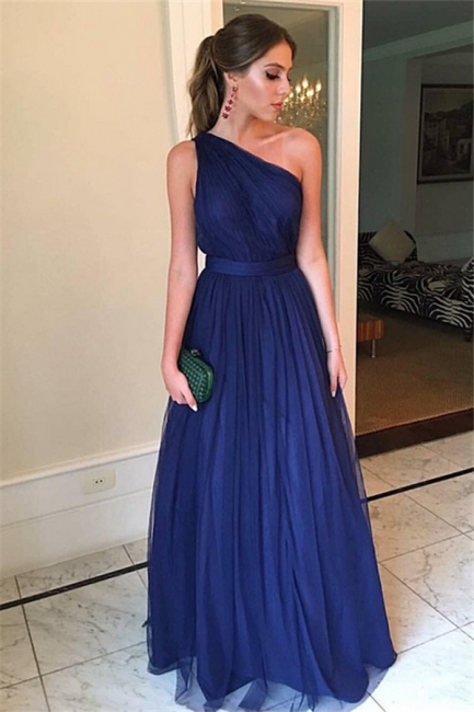 Navy Blue One-shoulder Tulle Prom DressesGlamorous Sleeveless Formal Dress with Belt