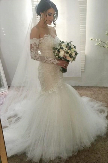Gorgeous Appliques Sweetheart Wedding Dresses | Ribbons Sheer Longsleeves Floral Bridal Gowns