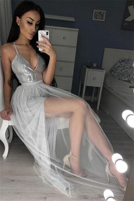 Glamorous Sequins Halter Lace Appliques Prom Dresses | Side slit Sheer Sleeveless Evening Dresses