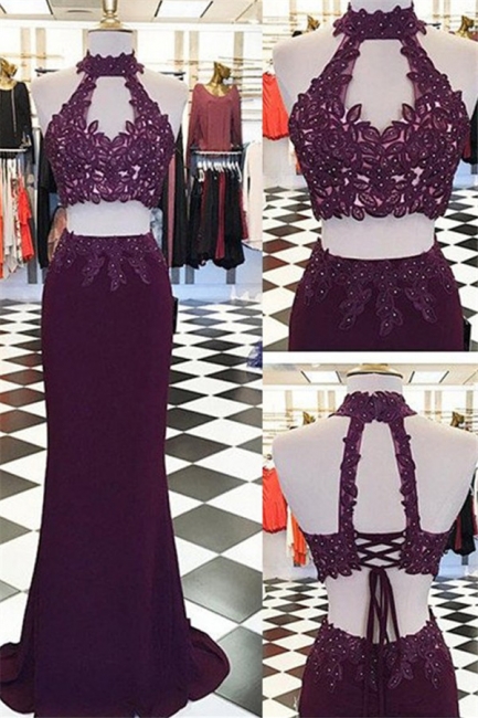 Halter Appliques Beads Lace-Up Prom Dresses High Neck Sleeveless Sexy Evening Dresses
