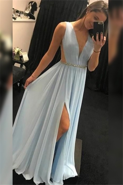 V-Neck Sequins Sleeveless Prom Dresses Side Slit Sexy Evening Dresses with Belt