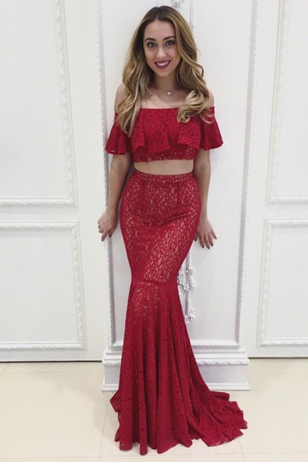 Lace Ruffle Two Piece Prom Dresses | Sexy Mermaid Sleeveless Evening Dresses