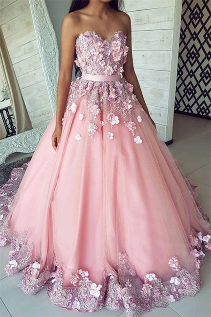 Fashion Pink Flower Sweetheart Lace Appliques Prom Dresses | Ribbons Ball Gown Sleeveless Evening Dresses with Beads