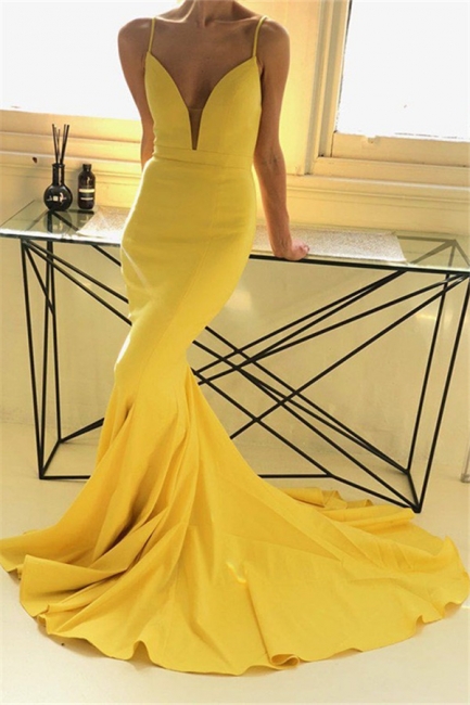 Charming yellow Spaghetti Strap Prom Dresses Sleeveless Mermaid Open Back Sexy Evening Dresses