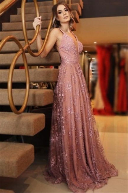 Glamorous Pink Lace Appliques V-Neck Prom Dresses | Backless Sleeveless Evening Dresses