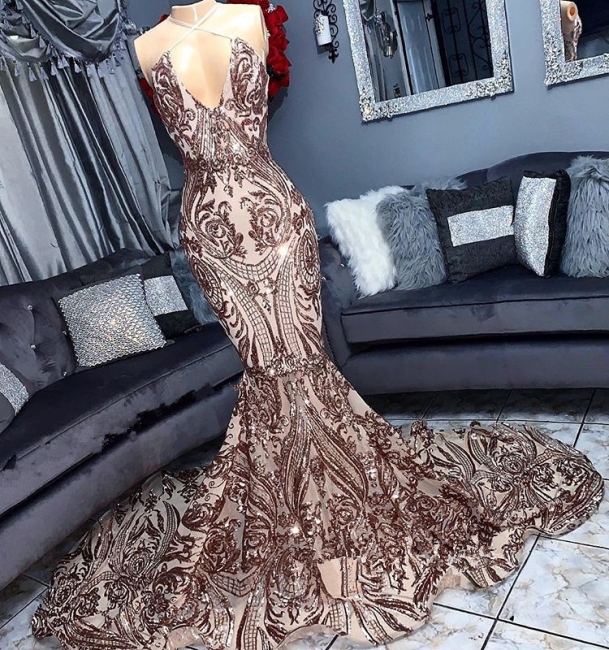 Sexy Low Cut Sequins Summer Sleeveless Trumpet Floor Length Prom Dresses | Suzhou UK Online Shop