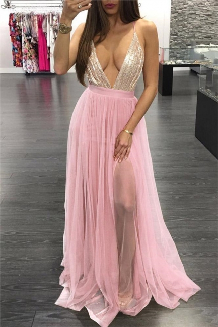 Glamorous Sequins Halter Lace Appliques Prom Dresses | Lace-Up Side slit Sleeveless Evening Dresses