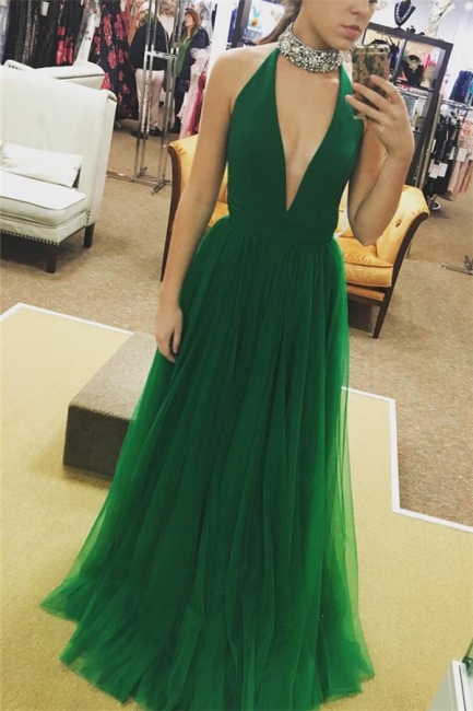 Glamorous Crystal Halter Prom Dresses | Sheer Sleeveless Evening Dresses
