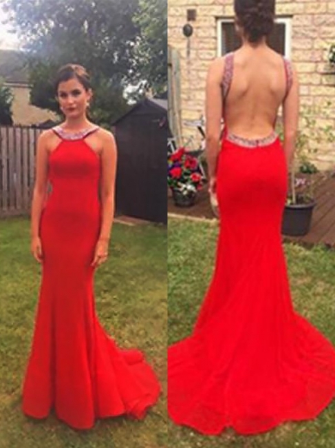 Beads Open Back Red Prom Dresses | Halter Simple Sexy Mermaid Evening Dresses