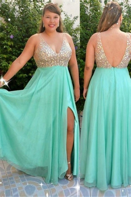 Glamorous Sequins Green V-Neck Prom Dresses Plus Size Open Back Side-Slit Sexy Evening Dresses