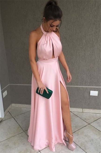Romactic Pink Halter Side-Slit Prom Dresses  Sleeveless Sexy Evening Dresses with Keyhole