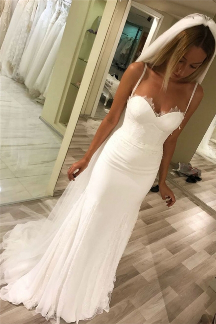 Sexy Spaghetti-Strap Appliques Wedding Dresses | Rubbons Sheer Sleeveless Floral Bridal Gowns