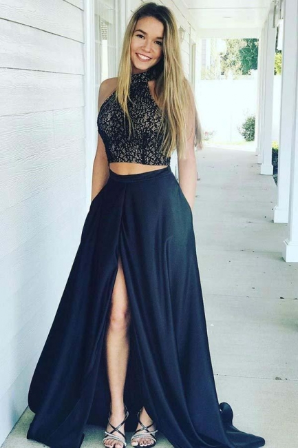 Two Piece Lace Appliques Halter Prom Dresses | Side slit Sleeveless Evening Dresses with Beads