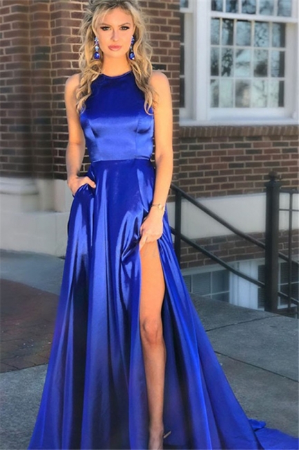 Royal Blue Halter Keyhole Side Slit Prom Dresses Sleeveless Sexy Evening Dresses with Pocket