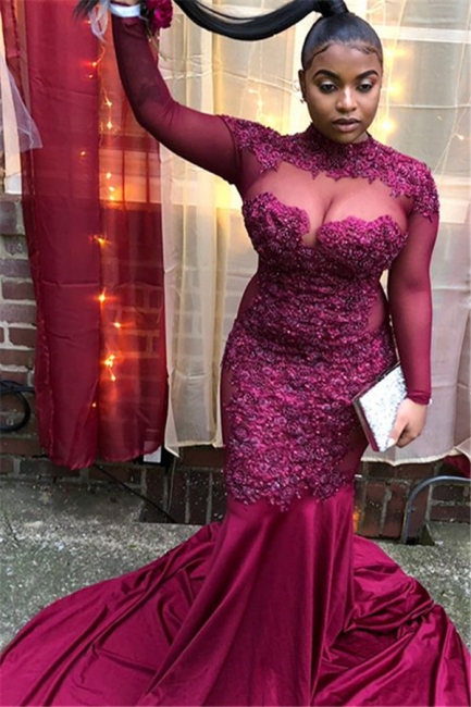Wine Red High-Neck Sleeved Sheer-Quality Tulle Applique Prom Dress | Suzhou UK Online Shop