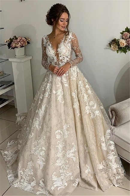 Fashion Lace Appliques V-Neck Wedding Dresses | Sheer Long Sleeves Backless Floral Bridal Gowns