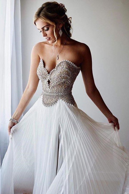 Glamorous Beads Sweetheart Pearls Lace Appliques Prom Dresses | Side slit Sleeveless Evening Dresses