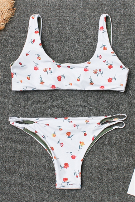 Girly Straps Flower Prints White Two-piece Bikini Swimsuits