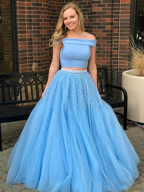 Glamorous Blue Off -the-Shoulder Keyhole Prom Dresses Two Piece Crystal Sexy Evening Dresses with Beads