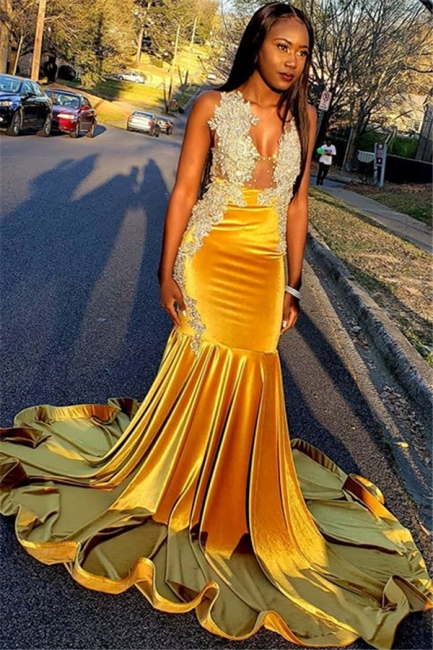 Elegant Yellow Velvet Sexy Low Cut Summer Sleeveless Trumpet Prom Dress | Suzhou UK Online Shop