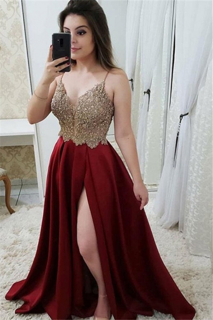 Applique Spaghetti Strap Prom Dresses Side Slit Sleeveless Sexy Evening Dresses with Beads