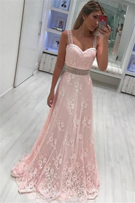 Pink Lace Straps Crystal Prom Dresses Sleeveless Sexy Evening Dresses with Belt