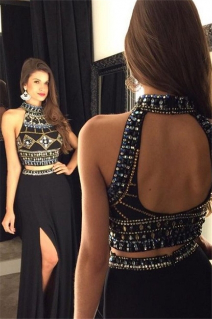 Black Open Back Beads Prom Dresses｜Two Piece Side-Slit Sexy Evening Dresses