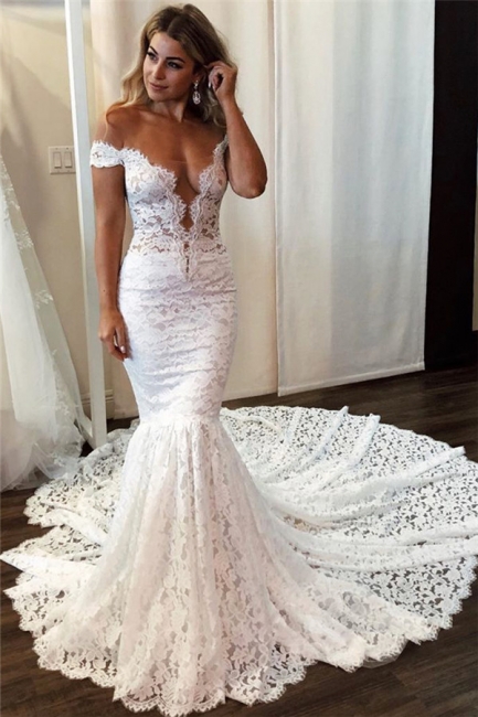 Sexy Lace Off-the-Shoulder Wedding Dresses | Mermaid Sleeveless Floral Bridal Gowns