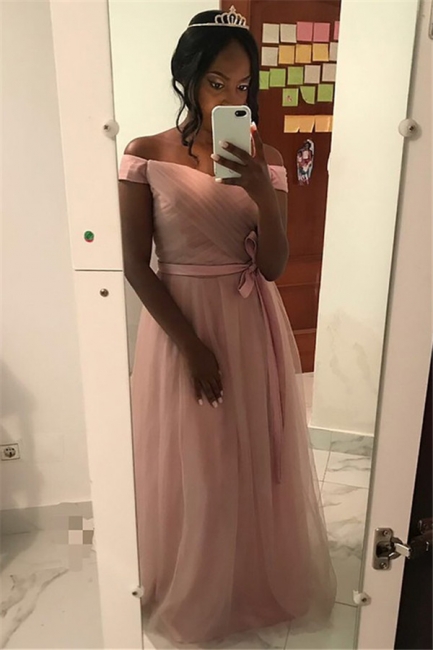 Fashion Pink Ruffles Off-the-Shoulder Prom Dresses | Tulle Evening Dresses with Bow-knot Belt