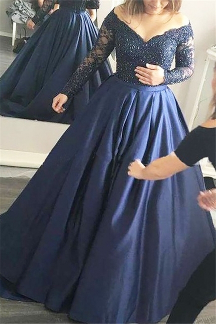 Lace Appliques Lace Off-the-Shoulder  Prom Dresses | Plus Size Long Sleeves Evening Dresses