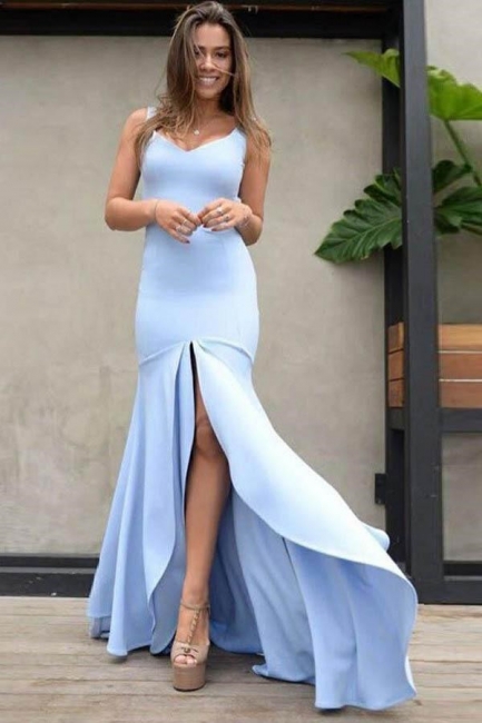 Glamorous V-Neck Ruffles Prom Dresses | Front Split Sexy Mermaid Sleeveless Evening Dresses