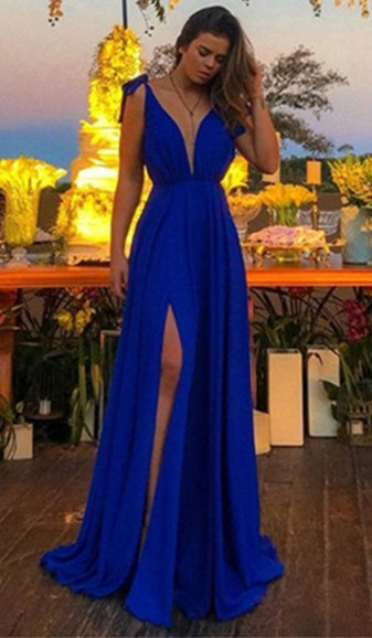 Glamorous Royal Blue Prom Dresses  Spaghetti Strap Side-Slit Sleeveless Sexy Evening Dresses