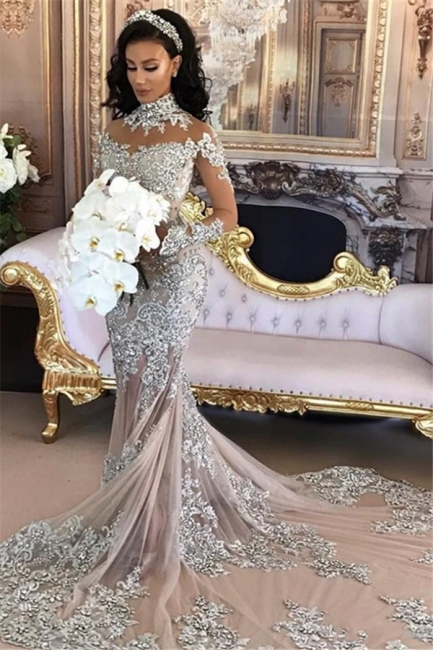 Long Sleeve Silver High Neck Popular Evening Dress Lace Mermaid  Luxury Wedding Dresses BH-362