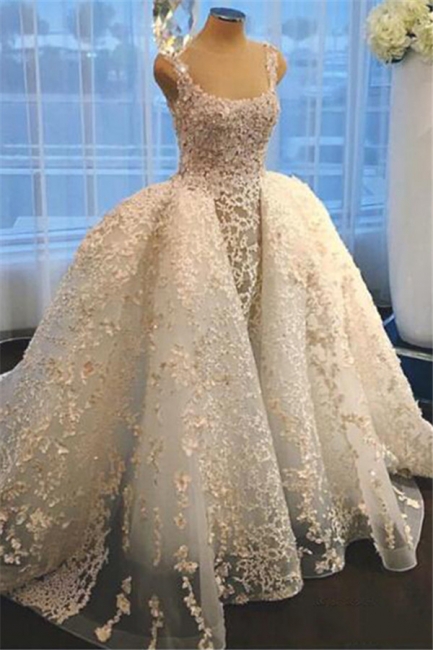 Luxurious Straps Overskirt Sleeveless Wedding Dresses  Appliques Ball Gown Bride Dress