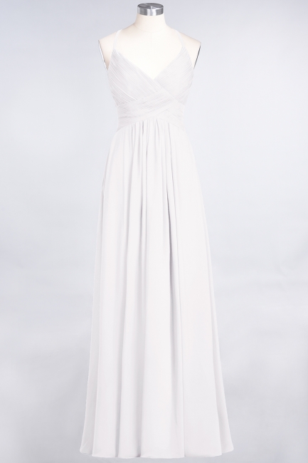 A-line Chiffon Spaghetti-Straps V-Neck Summer Floor-Length Bridesmaid Dress UK with Ruffles