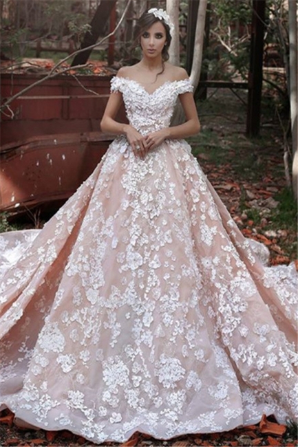 Pink Lace Applique Long Bridal Gown New Off the Shoulder Chapel Train Wedding Dresses BA3863