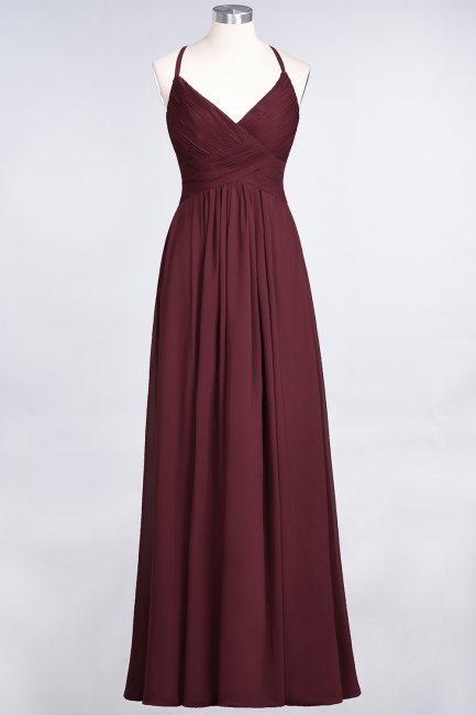 A-line Chiffon Spaghetti-Straps V-Neck Summer Floor-Length Bridesmaid Dress UK with Ruffles