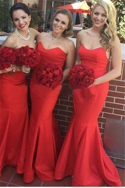 Elegant Red Mermaid Long Bridesmaid Dresses Simple  Satin Floor Length Formal Wedding Dress Under 100