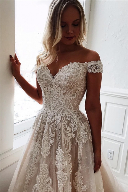 Glamorous Off-the-Shoulder Lace A-Line Wedding Dresses Sweetheart Appliques Sleeveless Bridal Gowns Online