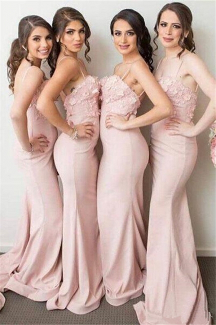 Pink Mermaid 3D-Floral-Appliques Spaghettis-Straps Bridesmaid Dresses