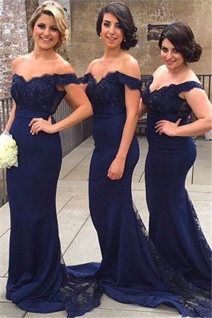 Elegant Blue Off the Shoulder Lace Wedding Party Dress Mermaid Sweep Train Bridesmaid Dresses