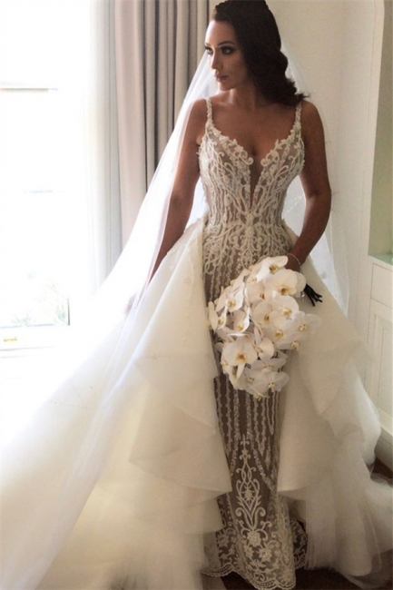Gorgeous Lace Mermaid Wedding Dresses  with Detachable Train | Straps Sexy Sleeveless Bride Dress