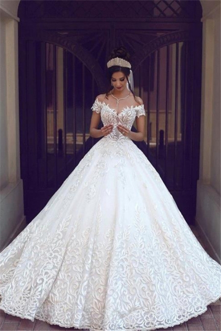 New Off-the-Shoulder Long Gorgeous Lace Short Sleeve Wedding Dresses